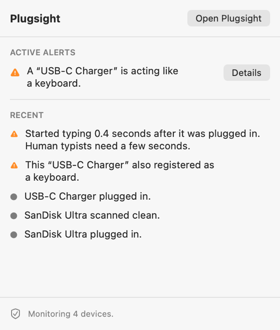 The actual Plugsight menu-bar popover UI, showing the last alert and recent events.