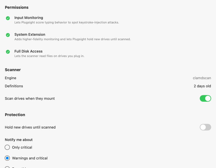 The actual Plugsight Settings window, where each switch says what turns on and what stays off.