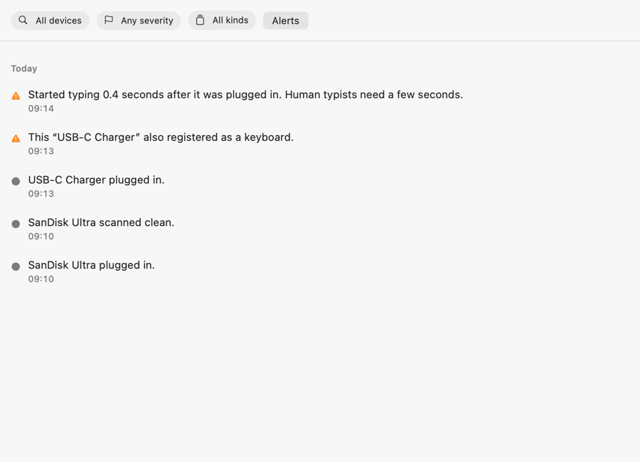 The actual Plugsight event timeline window, listing attach, scan and warning events in words.